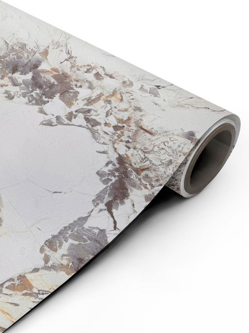 A rolled view of the Viola White Marble vinyl wrap VM669, showcasing the bold, elegant veining pattern.