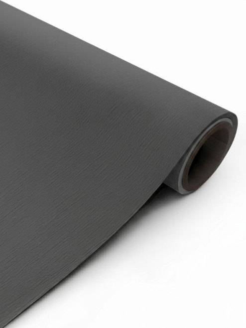A close-up of a partially unrolled Premium Painted Wood Charcoal Grey Vinyl Wrap PPWCG42, displaying its rich dark grey color and deeply embossed painted wood grain texture.