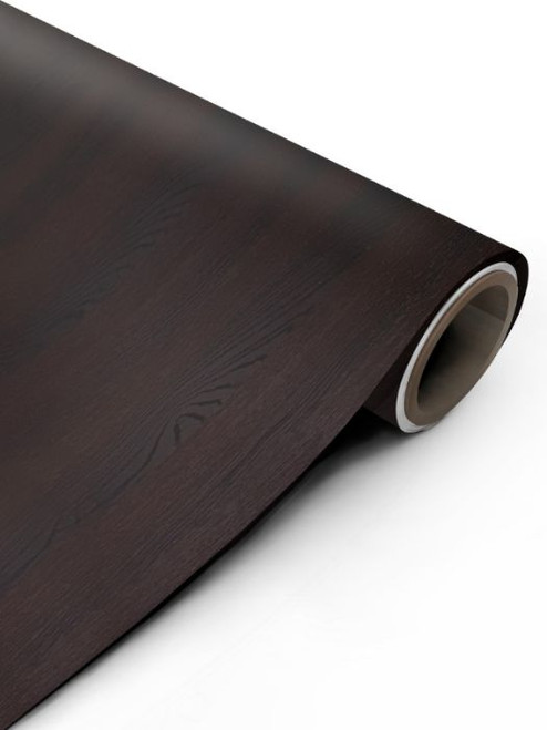 A close-up of a partially unrolled Java Walnut Wood Vinyl Wrap JWW99, highlighting its authentic, textured dark brown espresso walnut wood grain.
