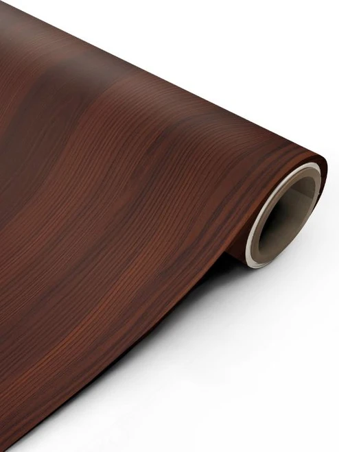 A close-up view of a partially unrolled Golden Walnut Wood Vinyl Wrap GWW47, displaying its vibrant golden-brown coloring and authentic, textured linear wood grain finish.