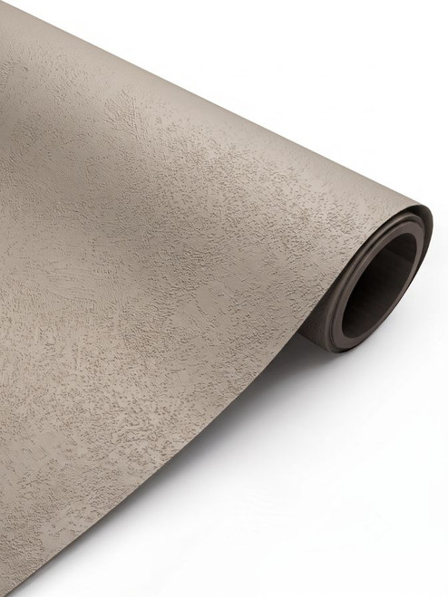 A close-up photograph of a diagonal roll of Tan Stucco Plaster Vinyl Wrap TSP95, unrolling on a clean white background, showcasing its fine textured stucco finish and warm tan taupe color.