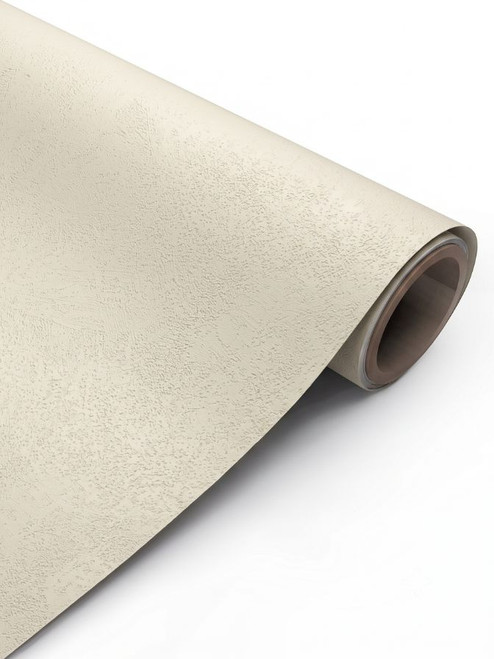 A close-up view of a partially unrolled Ivory Stucco Plaster Vinyl Wrap ISP14, highlighting its warm, creamy off-white color and highly detailed, hand-troweled plaster surface texture.