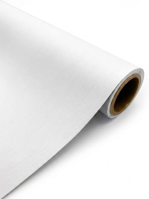 A close-up product photograph showing a partially unrolled roll of textured White Stucco Plaster Vinyl Wrap WSP53, highlighting the fine, tactile stucco-like grain on the surface.