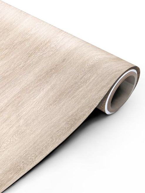 A close-up photograph of a partially unrolled Sonoma Oak Wood Vinyl Wrap SOW33 on a clean white background, highlighting its light, sandy brown color and highly realistic, subtle woodgrain texture.