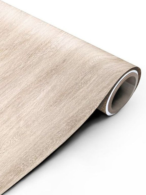 A close-up photograph of a partially unrolled Sonoma Oak Wood Vinyl Wrap SOW33 on a clean white background, highlighting its light, sandy brown color and highly realistic, subtle woodgrain texture.