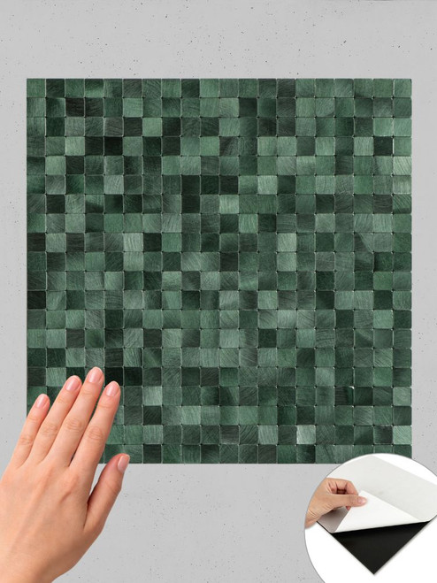 Full sheet of Layed Emerald Mosaic Peel and Stick Composite Wall Tile EMT16 showing the multi-tonal green brushed metallic finish.