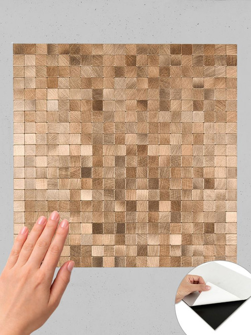 Graphic showing the sample size proportion against a full sheet of Layed brass mosaic peel and stick composite wall tile.