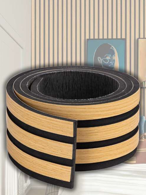 Rolled up golden maple peel and stick slat wall panel showcasing its flexibility, ready for a quick DIY room transformation.