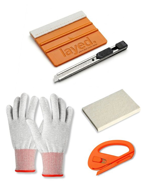  A Vinyl wrap tool kit with Premium Felt Squeegee,  Wool Block Squeegee, 9mm Retractable Knife, Snitty Cutter and a Pair of Anti Static Wrap Gloves.