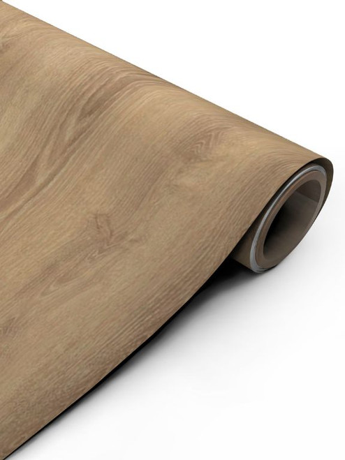A continuous roll of Layed White Oak Wood Vinyl Wrap WOW56, showcasing its highly realistic, embossed wood grain texture and bright, natural oak finish.