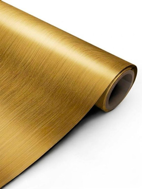 A continuous roll of Layed Brushed Metal Gold Vinyl Wrap BMG30, displaying its rich, light-catching golden sheen and realistic brushed linear texture.