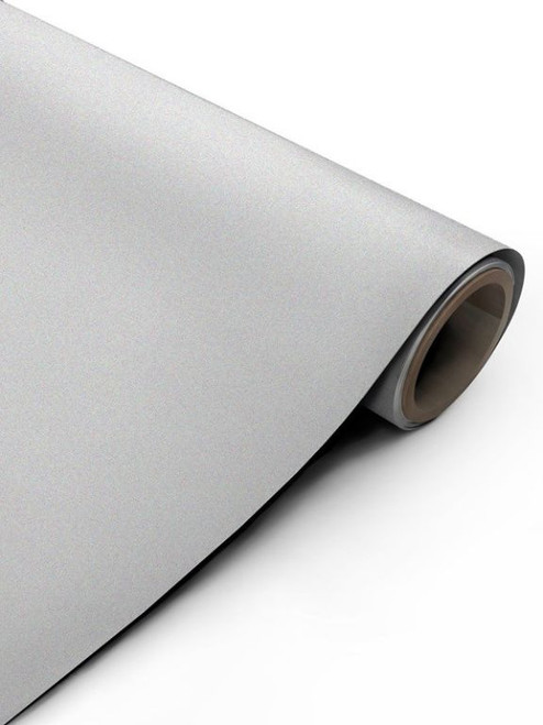 A close-up product shot of a partially unrolled roll of Layed Satin Textured Silver Vinyl Wrap STS25, showcasing its clean metallic sheen and subtle satin texture.