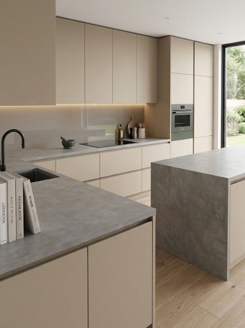 A full kitchen makeover showcasing the durable, anti-glare surface of Layed premium interior matte Apricot vinyl wrap on all surrounding cabinetry.
