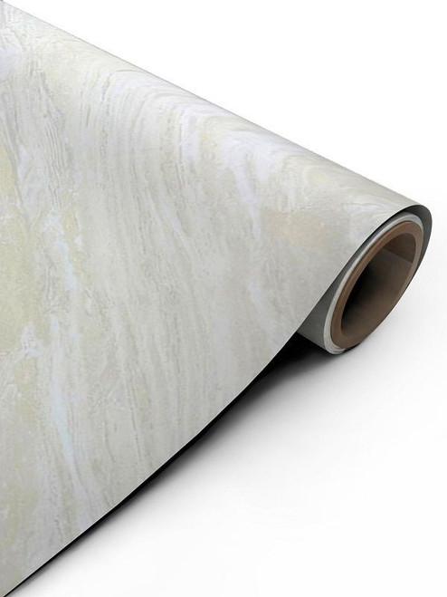 A continuous roll of Layed Crema Marble Vinyl Wrap CM302, displaying its highly realistic warm beige base and subtle, flowing cream stone veining.