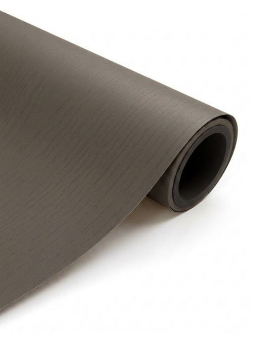A continuous roll of Layed Painted Wood Mud Grey Vinyl Wrap PWMG341, highlighting its realistic, embossed wood grain texture and warm, earthy brownish-grey tone.