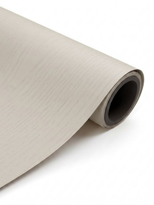 A continuous roll of Layed Painted Wood Light Beige Vinyl Wrap PWLB336, showcasing its realistic, embossed wood grain texture and warm neutral tone.
