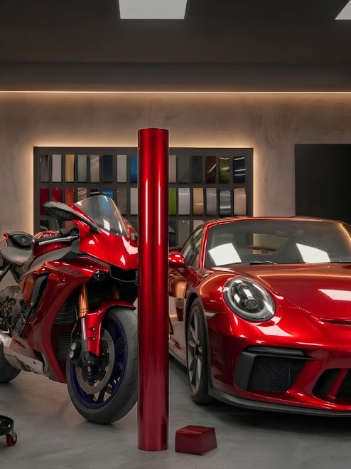 Sports car and Bike fully wrapped in Super Gloss Metallic Blood Red Vinyl Wrap SGM-BR64