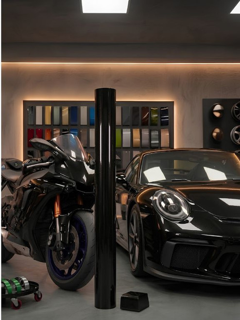 Sports car and motorbike fully wrapped in a roll of Super Gloss Metallic Galaxy Black Vinyl Wrap SGM-GB50