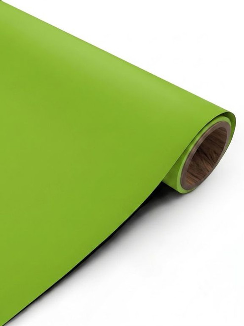 A close-up product shot of a partially unrolled roll of Layed Matte Textured Apple Green Vinyl Wrap MTAG69, showcasing its vibrant color and smooth matte finish.