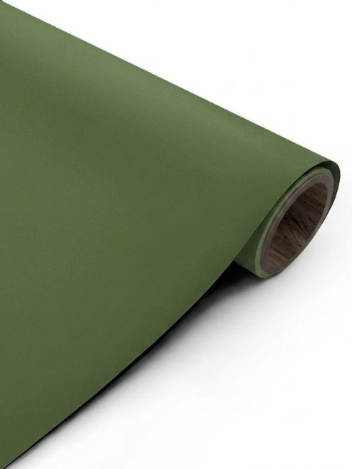 A close-up product shot of a partially unrolled roll of Layed Matte Textured Forest Green Vinyl Wrap MTFG66, highlighting the material's smooth, non-reflective finish.
