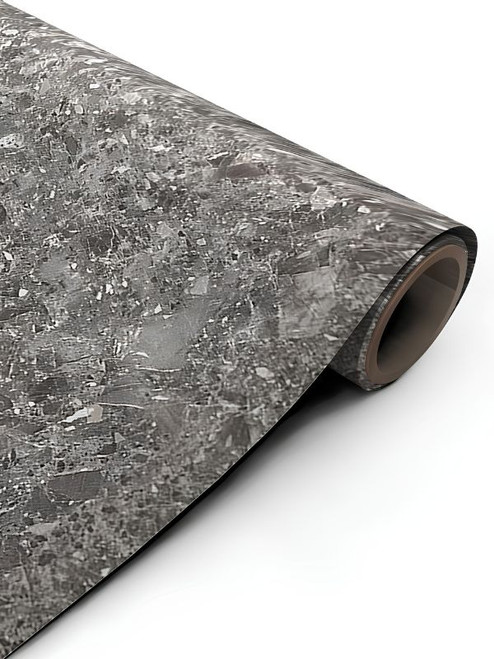 A continuous roll of Layed Grigio Marble Vinyl Wrap GM56, displaying its highly realistic dark grey base and dynamic crushed stone terrazzo pattern.