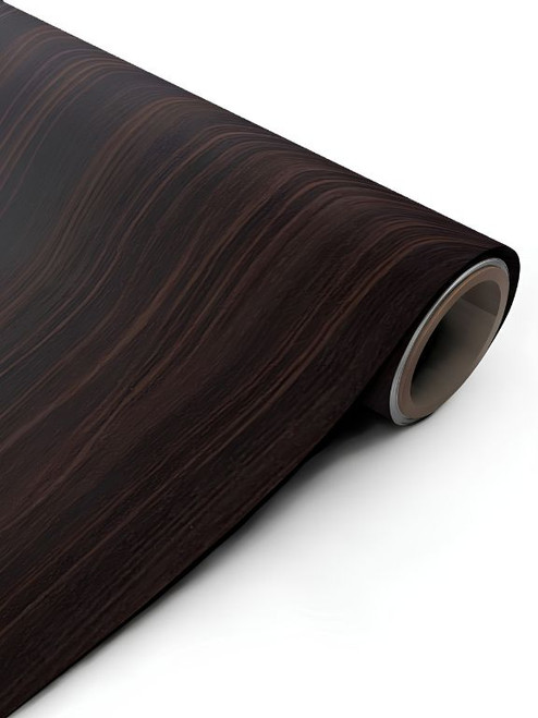 A continuous roll of Layed Macassar Ebony Wood Vinyl Wrap MEW96, showcasing its luxurious dark brown and black striped wood grain texture.