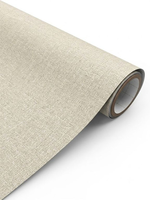 A continuous roll of Layed Beige Linen Fabric Vinyl Wrap BLF463, displaying its highly realistic woven textile pattern and versatile, soft beige color.