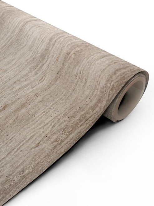 A continuous roll of Layed Travertine Stone Vinyl Wrap TS179, displaying its highly realistic, earthy beige tones and flowing, linear porous stone pattern.