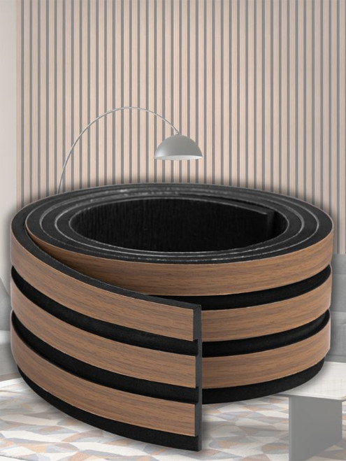 Close-up shot showing the flexible nature of the layed peel and stick slatted panels, perfect for easy DIY application.
