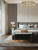 A contemporary bedroom interior utilizing Layed Washed Walnut peel and stick slat wall panels as a custom DIY headboard.