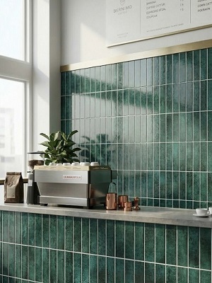 Peel and Stick composite green tiles on a coffee shop wall