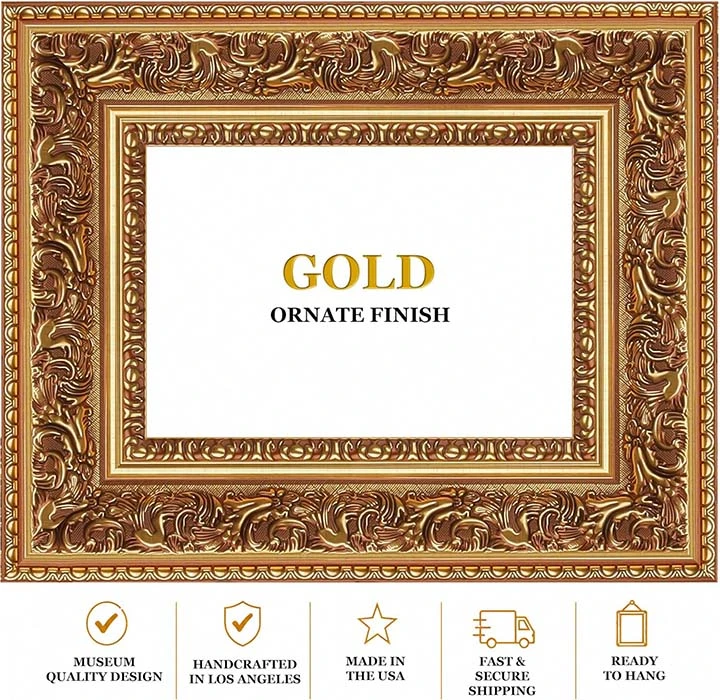 Ornate Gold Picture Frame 12x16 -Wall Picture Frame, Vintage Ornate Antique Style, Popular Picture Frame Sizes, Gold & Silver, 3348