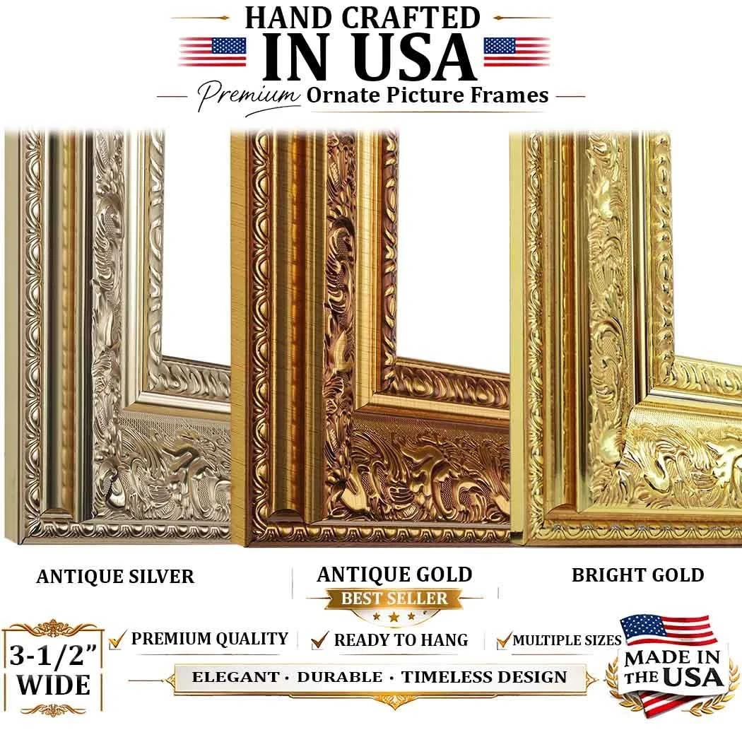 Ornate Gold Picture Frame 27x27 -Wall Picture Frame, Vintage Ornate Antique Style, Popular Picture Frame Sizes, Gold & Silver, 3348