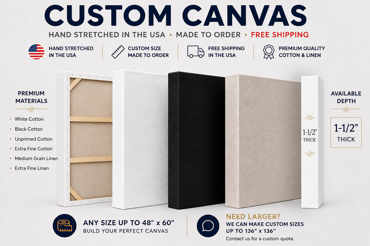 Custom Canvas – Custom Size Stretched Canvas for Painting | White, Black, Unprimed, Extra Fine Cotton & Linen Canvas |0.75|1.5|2.5 Deep