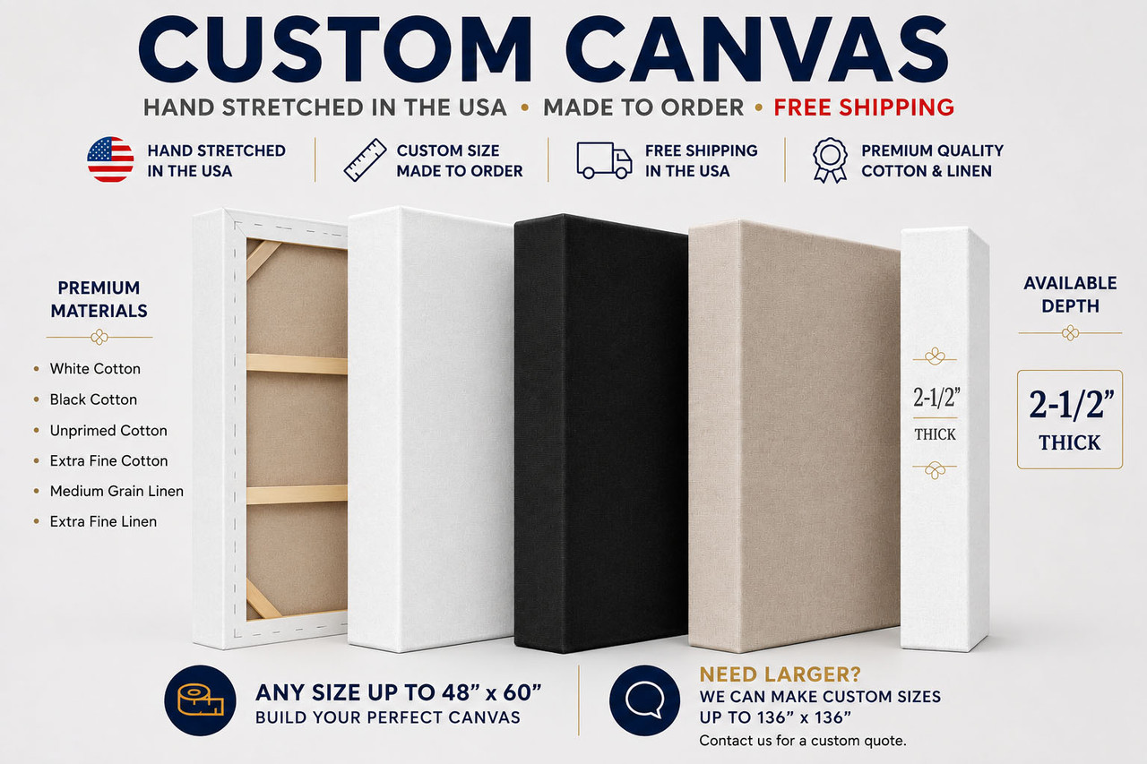 Custom Canvas – Custom Size Stretched Canvas for Painting | White, Black, Unprimed, Extra Fine Cotton & Linen Canvas |0.75|1.5|2.5 Deep