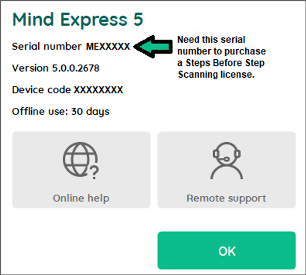 Menu > Help (Location of Mind Express 5 serial number.)