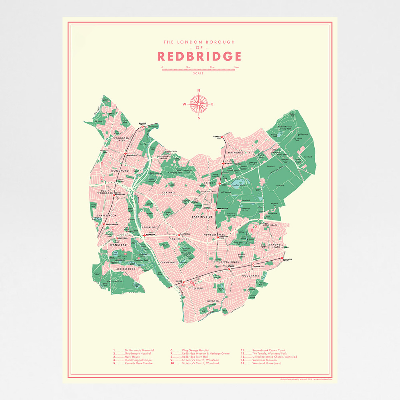 Redbridge Retro Map Print by Mike Hall at Of Cabbages and Kings