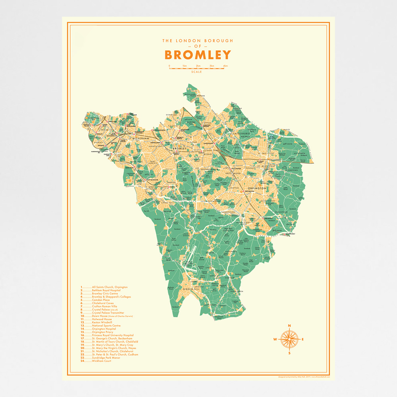 London Borough Of Bromley Map Bromley Retro Map Print By Mike Hall At Of Cabbages And Kings
