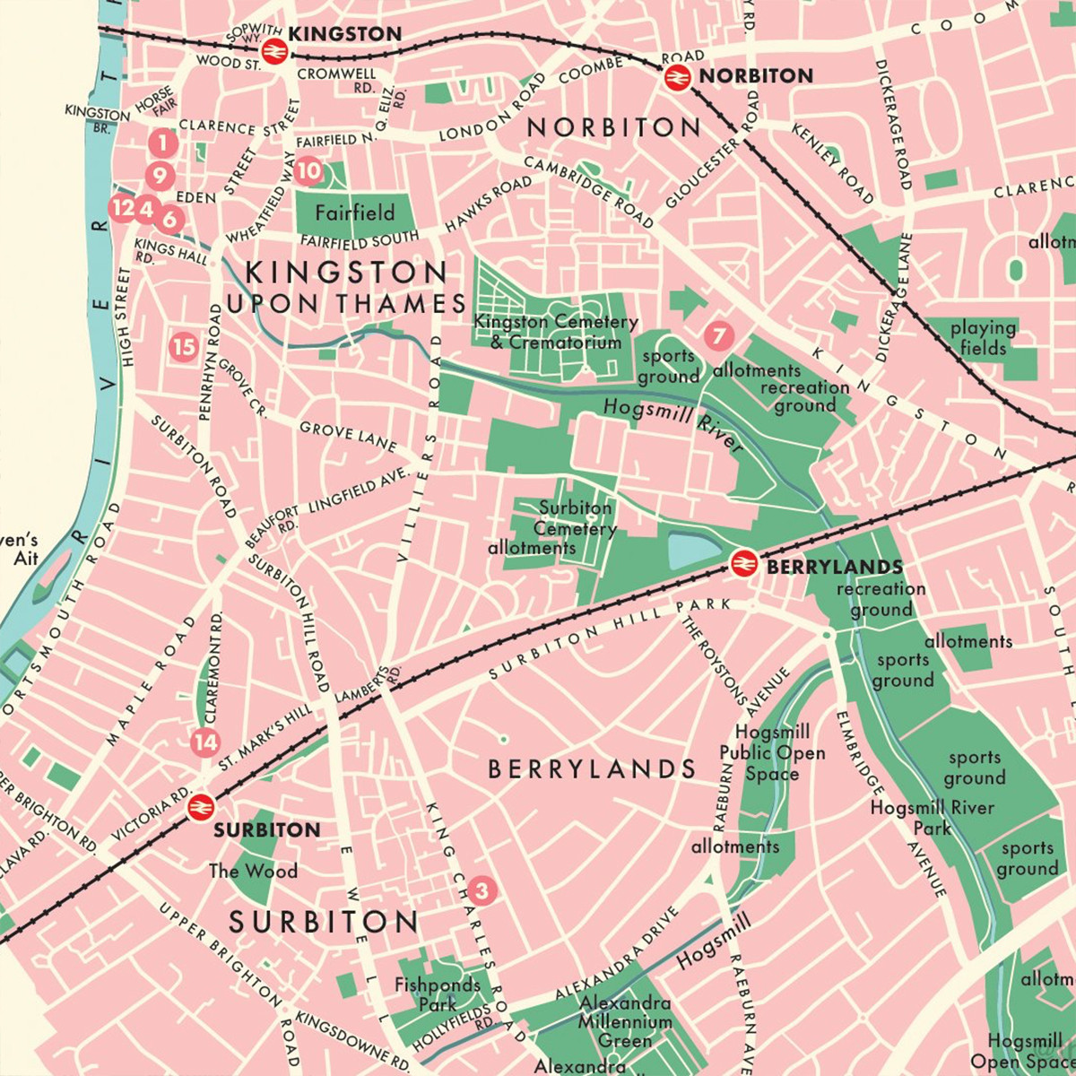 Kingston Upon Thames Retro Map Print by Mike Hall at Of Cabbages and Kings