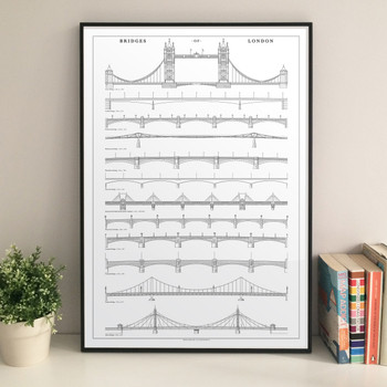 Bridges of London illustrated art print framed by Mike Hall available at Of Cabbages and Kings. 