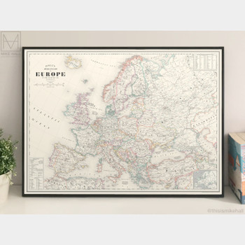 Antique Style Map of Europe art print framed by Mike Hall at Of Cabbages and Kings. 