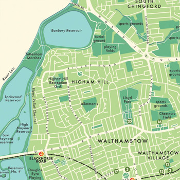 Waltham Forest Retro Map Print by Mike Hall at Of Cabbages and Kings. 