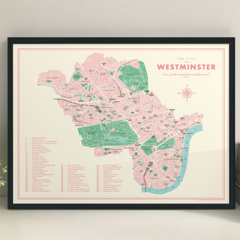 Westminster Retro Map Print lifestyle by Mike Hall at Of Cabbages and Kings. 