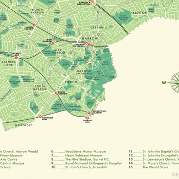 Harrow Retro Map Print detail 10 by Mike Hall at Of Cabbages and Kings. 