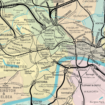 Railway Map of Greater London Art Print detail 01 by Mike Hall at Of Cabbages and Kings