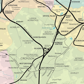 Railway Map of Greater London Art Print detail 04 by Mike Hall at Of Cabbages and Kings