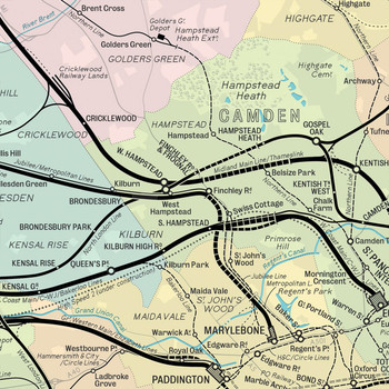Railway Map of Greater London Art Print detail 08 by Mike Hall at Of Cabbages and Kings