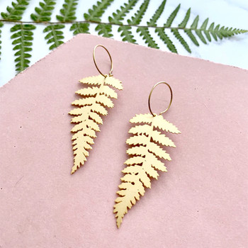 Fern Leaf Gold Statement Hoop Earrings (lifestyle 01) by Mica Peet at Of Cabbages and Kings