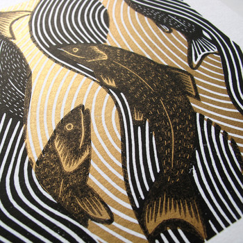 Salmons Black and Gold Linocut Print (detail 04) by Anna Ruiz at Of Cabbages and Kings