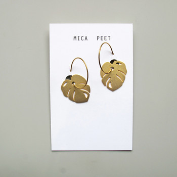 Mini Monstera Gold Hoop Earrings (card) by Mica Peet at Of Cabbages and Kings